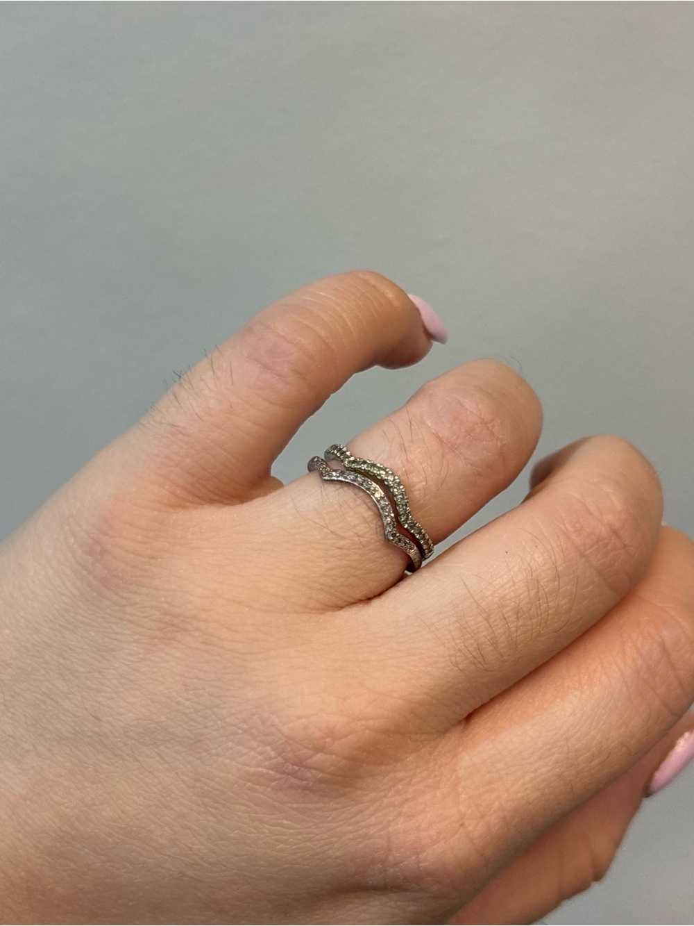 Source Unknown Silver Double Wave Crystal Ring